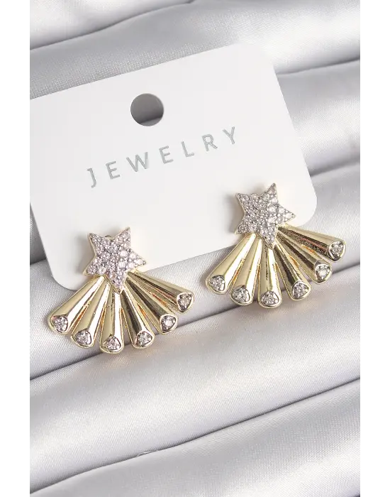  Altın Zirkon Taşlı Yıldız Yelpaze Model Çelik Küpe