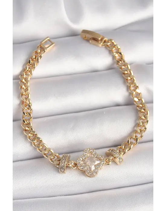 Çelik Gold Renk Zirkon Taşlı Yonca Figür Zincir Model Kadın Bileklik