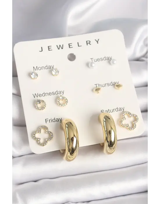 Pirinç Gold Renk Zirkon Taşlı Yonca Halka Figür 7Li Set Kadın Küpe