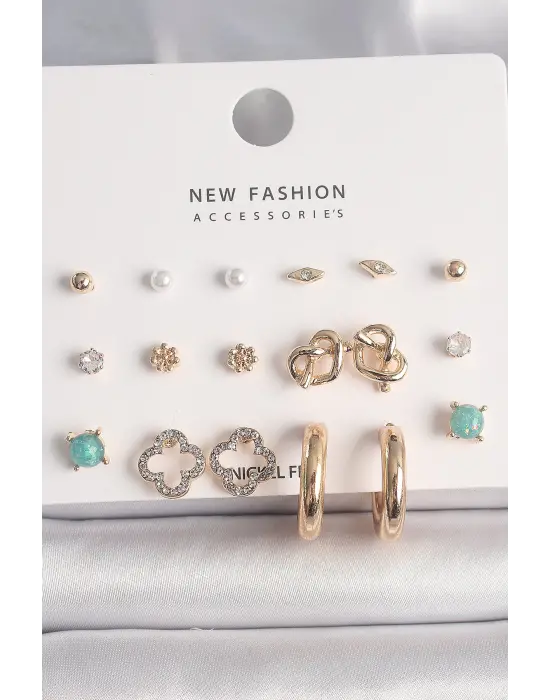  Altın Zirkon Taşlı Yonca Halka Figür İnci Detay 9 Çift Çelik Küpe Seti