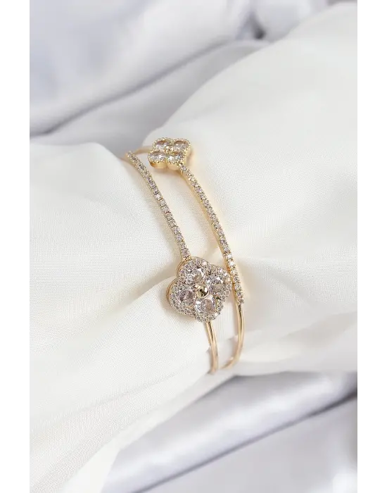 Pirinç Gold Renk Zirkon Taşlı Yonca Model 2li Kadın Bileklik