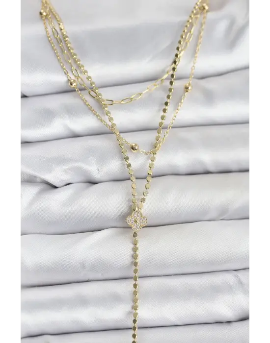 Pirinç Gold Renk Zirkon Taşlı Yonca Model Detaylı 3lü Kombin Y Kadın Kolye