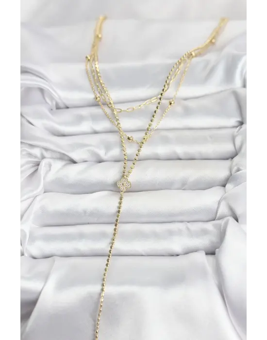 Pirinç Gold Renk Zirkon Taşlı Yonca Model Detaylı 3lü Kombin Y Kadın Kolye