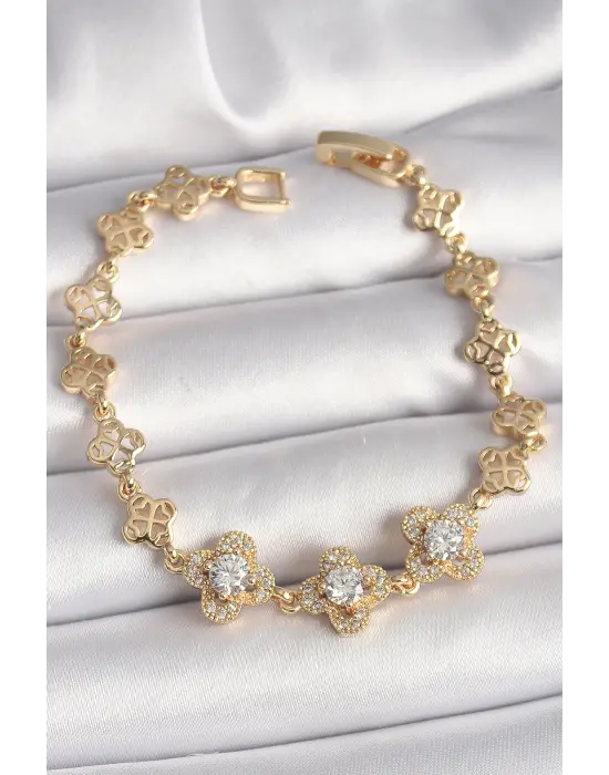 Pirinç Gold Renk Zirkon Taşlı Yonca Model Kadın Bileklik