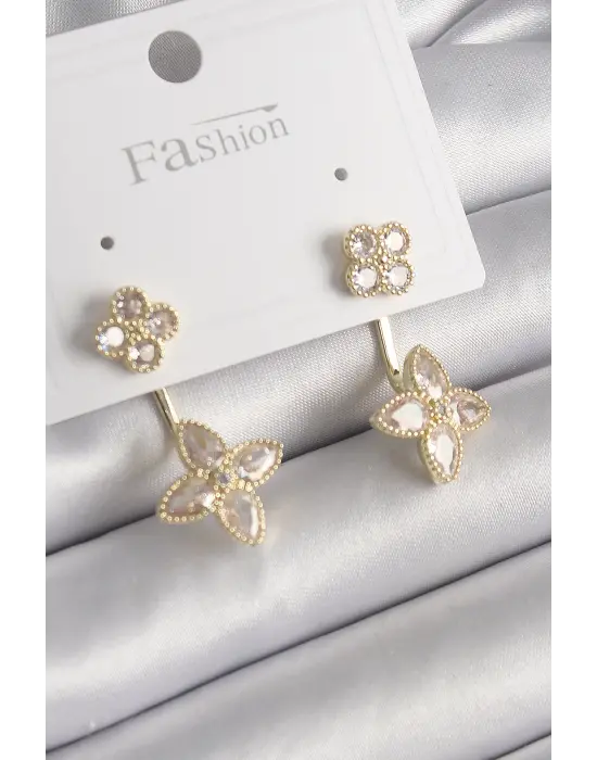  Altın Zirkon Taşlı Yonca Model Çelik Küpe