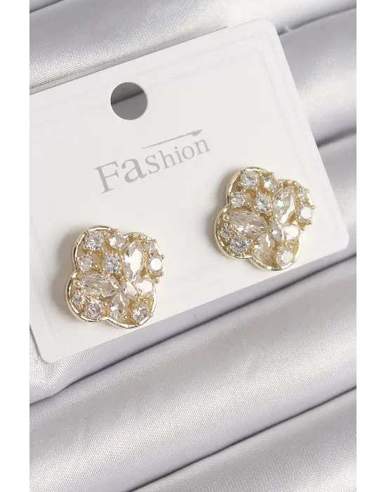  Altın Zirkon Taşlı Yonca Model Çelik Küpe