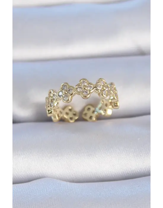  Altın Zirkon Taşlı Yonca Model Çelik Yüzük