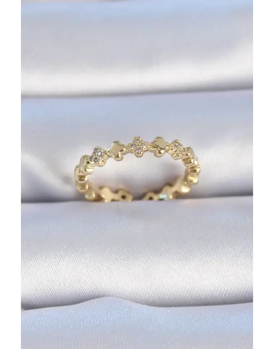  Altın Zirkon Taşlı Yonca Model Çelik Yüzük