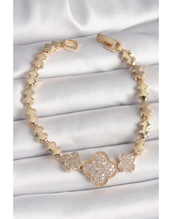 Pirinç Gold Renk Zirkon Taşlı Yonca Model Zincir Kadın Bileklik