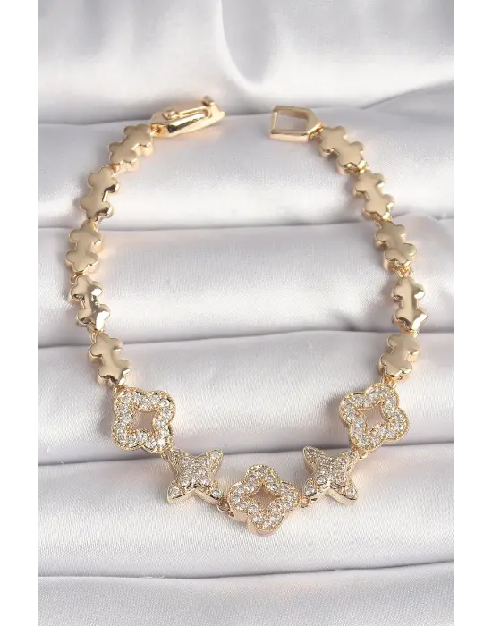 Pirinç Gold Renk Zirkon Taşlı Yonca Yıldız Model Kadın Bileklik