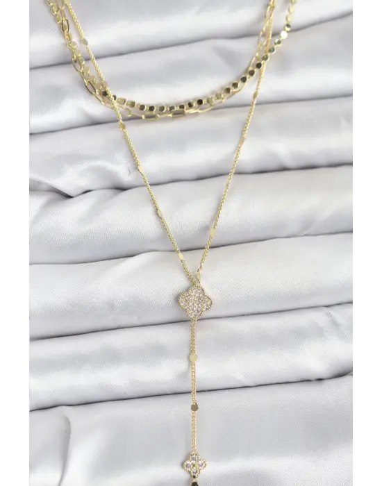 Pirinç Gold Renk Zirkon Taşlı Yoncalı Model Detaylı 3lü Kombin Y Kadın Kolye