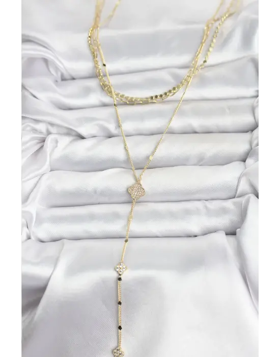 Pirinç Gold Renk Zirkon Taşlı Yoncalı Model Detaylı 3lü Kombin Y Kadın Kolye