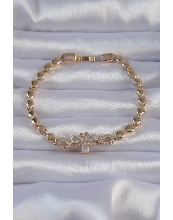 Pirinç Gold Renk Zirkon Taşlı Yusufçuk Figürlü Damla Model Bileklik