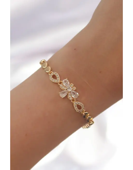 Pirinç Gold Renk Zirkon Taşlı Yusufçuk Figürlü Damla Model Bileklik