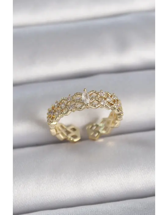  Altın Zirkon Taşlı Zikzak Ayarlanabilir Model Çelik Yüzük