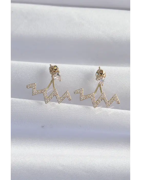  Altın Zirkon Taşlı Zikzak Küpe