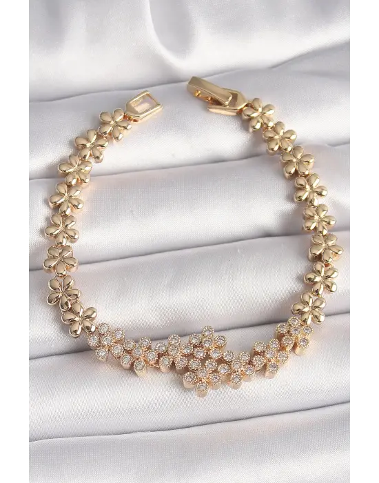 Pirinç Gold Renk Zirkon Taşlı Zincir Çiçek Model Kadın Bileklik
