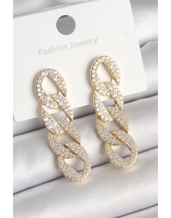  Altın Zirkon Taşlı Zincir Model Çelik Küpe