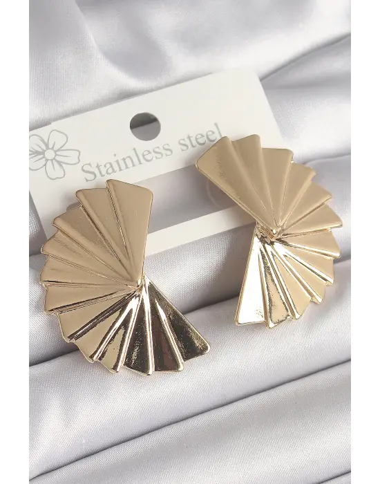  Gold Renl İşlemeli Yelpaze Model Çelik Küpe