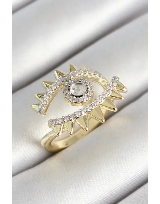 Pirinç Göz Figürlü Zirkon Taşlı Gold Renk Ayarlanabilir Kadın Yüzük