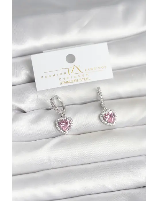Pirinç Gümüş Pembe Renk Zirkon Taşlı Kalp Model Kadın Küpe