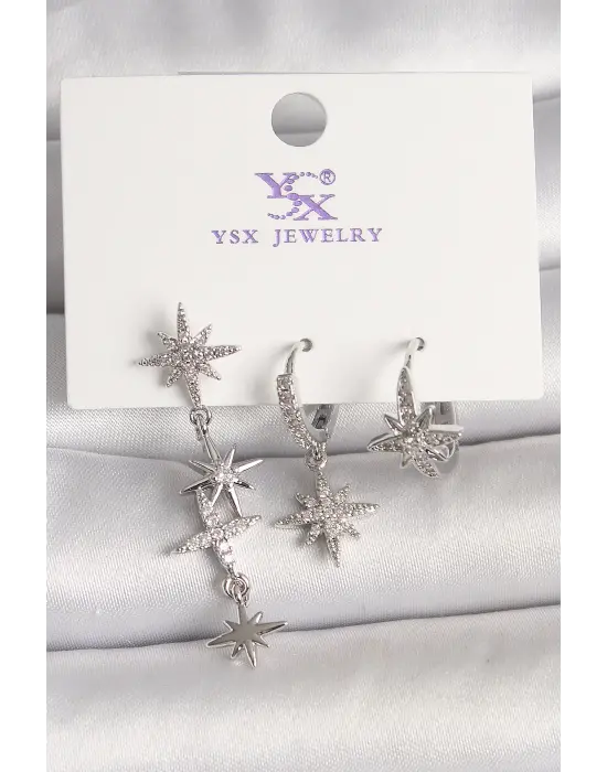 Pirinç Gümüş Ren Sallantı Zirkon Taşlı Kutup Yıldız Model 3Lü Kadın Kombin Küpe