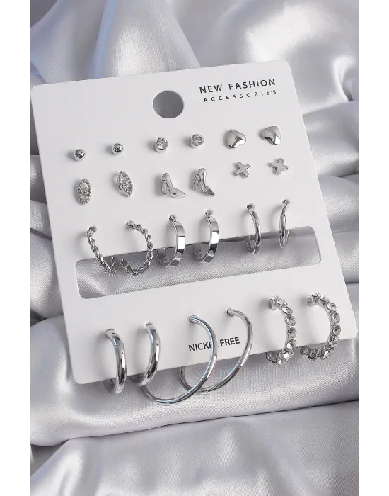  Gümüş 12 Çift Çelik Küpe Seti