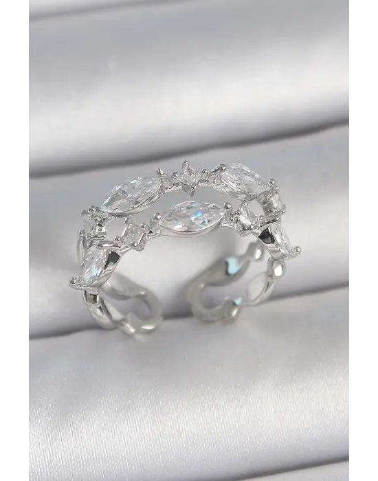 Pirinç Gümüş Renk 2Li Damla Zirkon Taşlı Ayarlanabilir Kadın Yüzük