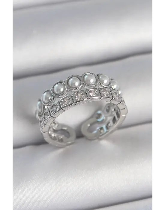 Pirinç Gümüş Renk 2Li Sıra Zirkon Taşlı Ve İncili Ayarlanabilir Kadın Yüzük