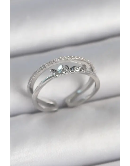 Pirinç Gümüş Renk 2Li Zirkon Taş Detaylı Kelebek Figür Ayarlanabilir Model Kadın Yüzük