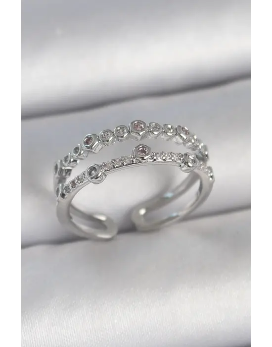 Pirinç Gümüş Renk 2Li Zirkon Taşlı Ayarlanabilir Model Kadın Yüzük