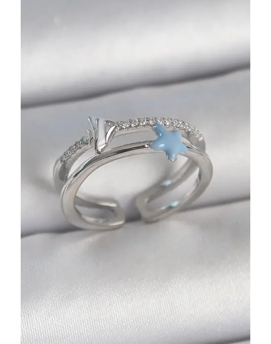 Pirinç Gümüş Renk 2Li Zirkon Taşlı Mavi Yıldız Figür Ayarlanabilir Kadın Yüzük