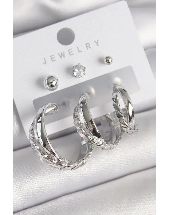  Gümüş 3Lü Halka Model Zirkon Taş Topçuk Detay Çelik Küpe Seti