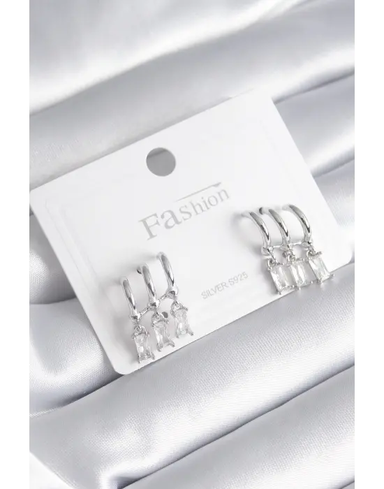  Gümüş 3lü Sallantı Zirkon Taşlı Küpe