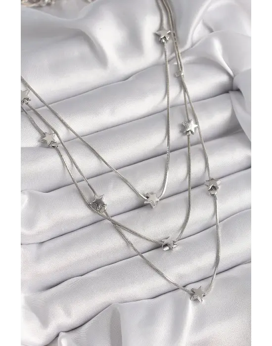 Pirinç Gümüş  3Lü Yıldız Model  Çelik Kolye