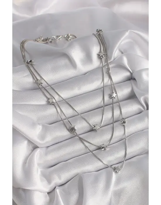 Pirinç Gümüş  3Lü Yıldız Model  Çelik Kolye