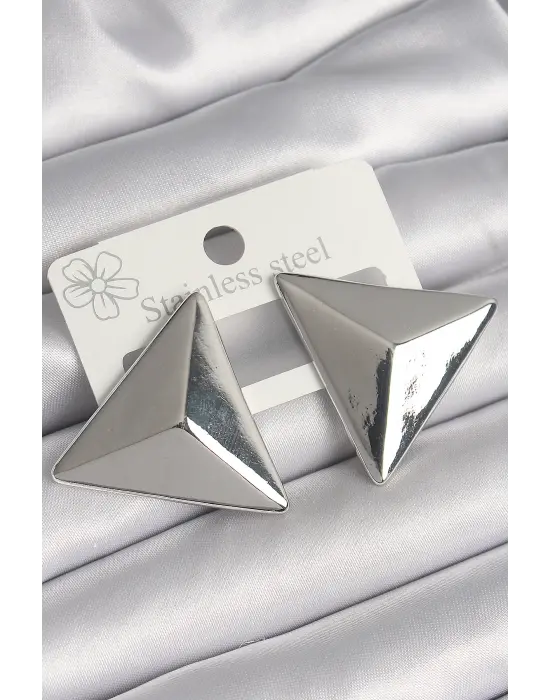  Gümüş 3D Üçgen Model Çelik Küpe