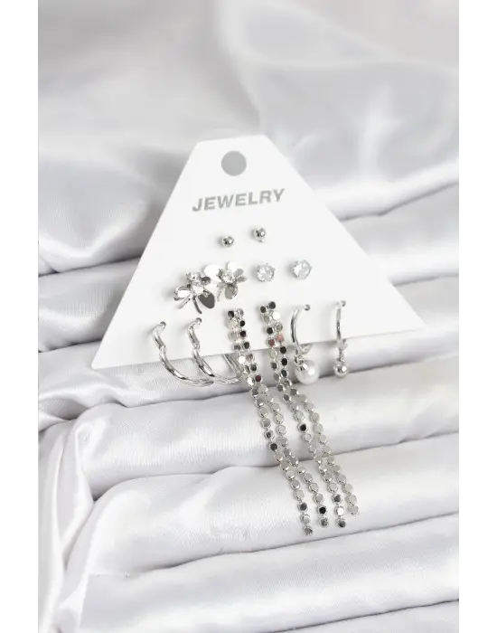 Pirinç Gümüş Renk Yusufçuk 6 Çift Kadın Küpe Sallantılı Dorika