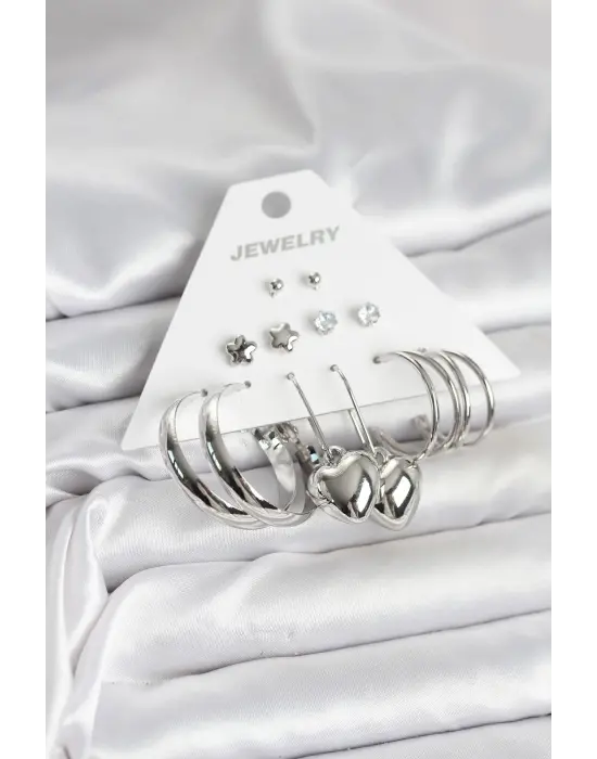 Pirinç Gümüş Renk 6 Çift Kadın Küpe Seti Yıldız Kalp Halka
