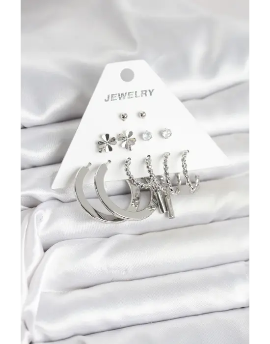 Pirinç Gümüş Renk Yoncalı 6 Çift Kadın Küpe Seti