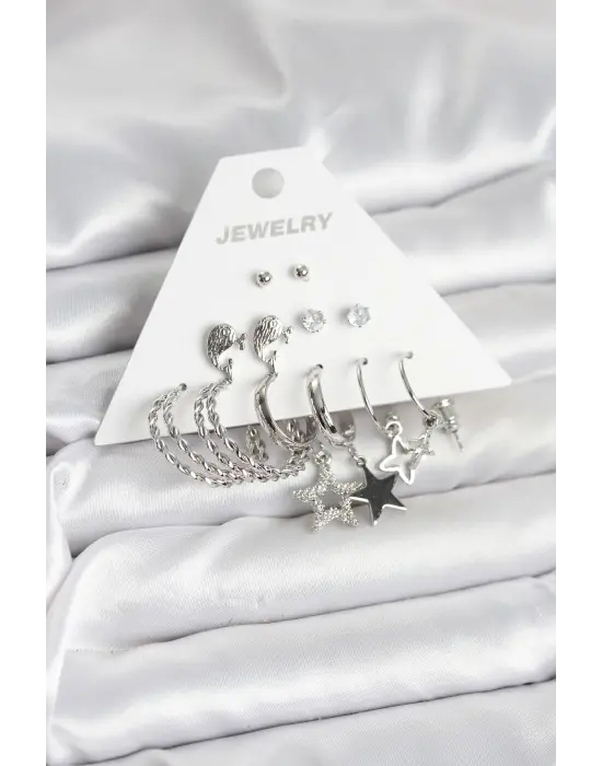 Yıldızlı Yunus Balıklı Pirinç Gümüş Renk 6lı Kadın Küpe Seti