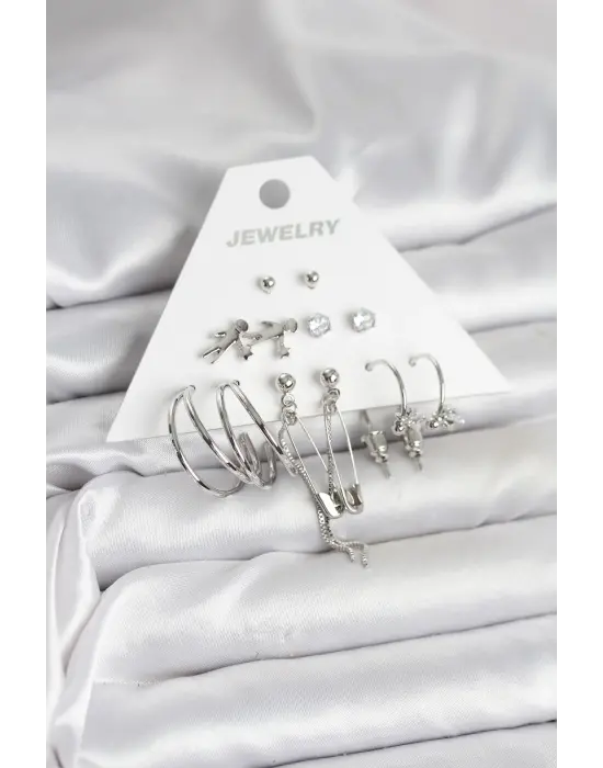 Pirinç Gümüş Renk 6lı Kadın Ataş Küpe Seti