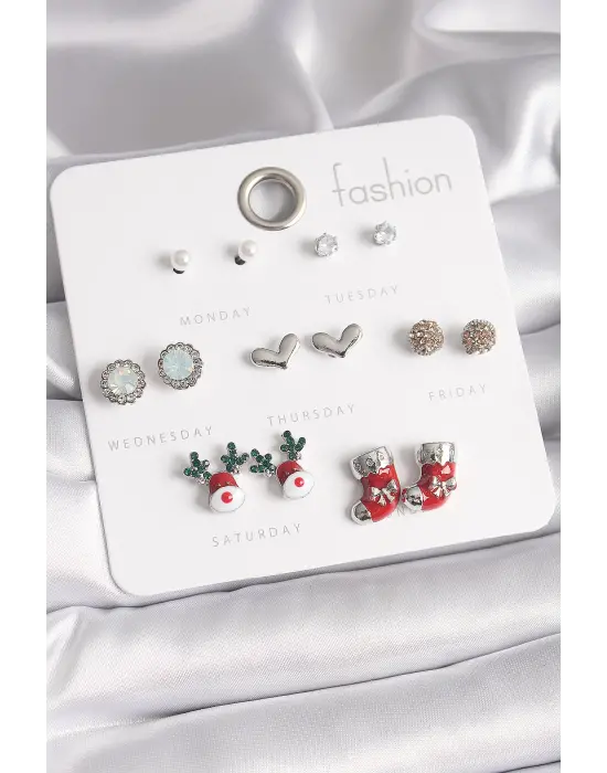  Gümüş 7 Çift Zirkon Taşlı Yıl Başı Temalı Çelik Küpe Seti