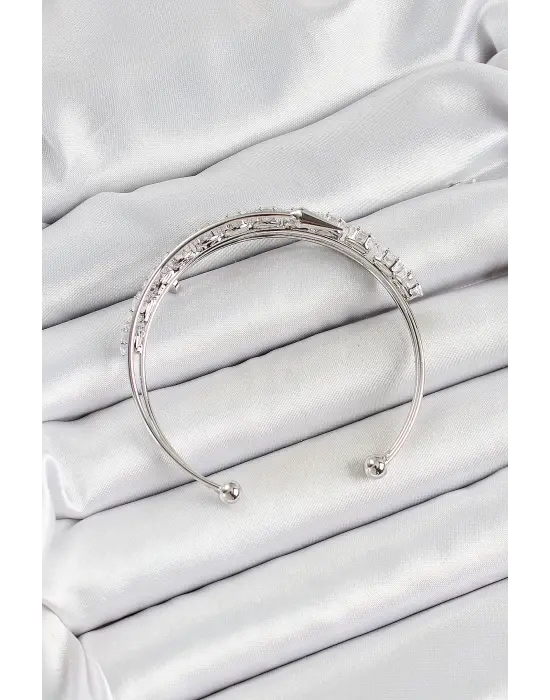 Pirinç Gümüş Renk Arpa Zirkon Taşlı Kadın Bileklik