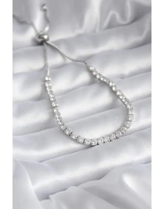 Pirinç Gümüş Renk Asansörlü Zirkon Taşlı Su Yolu Model Kadın Bileklik