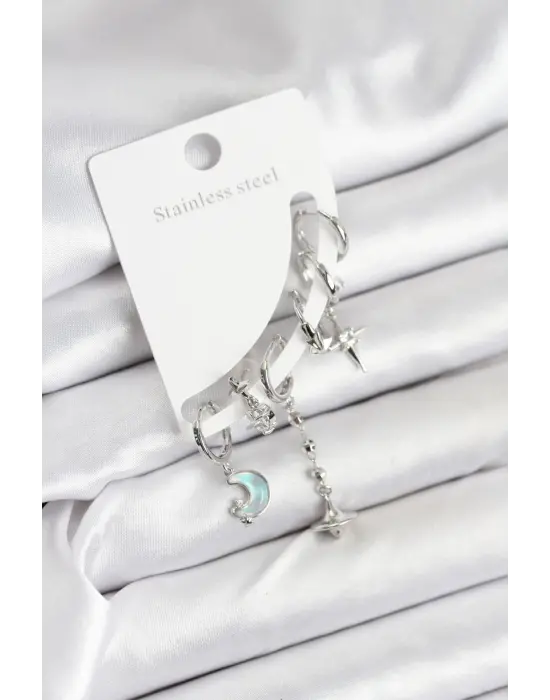 Pirinç Gümüş Renk Ay Model Kadın Set Küpe