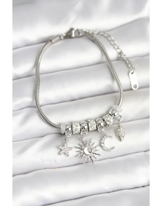 Pirinç Gümüş Renk Ay ve Güneş Charmlı Kadın Bileklik