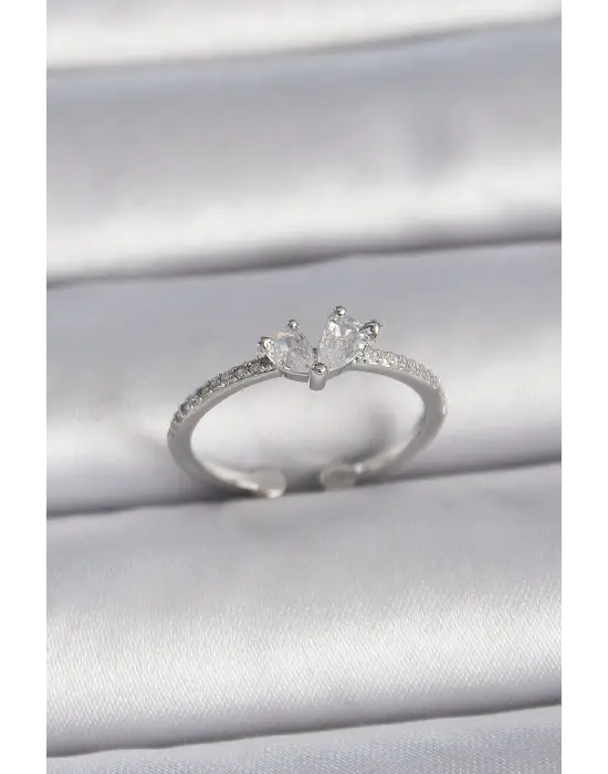  Gümüş Ayaralanabilir Zirkon Taşlı Kalp Model Çelik Yüzük