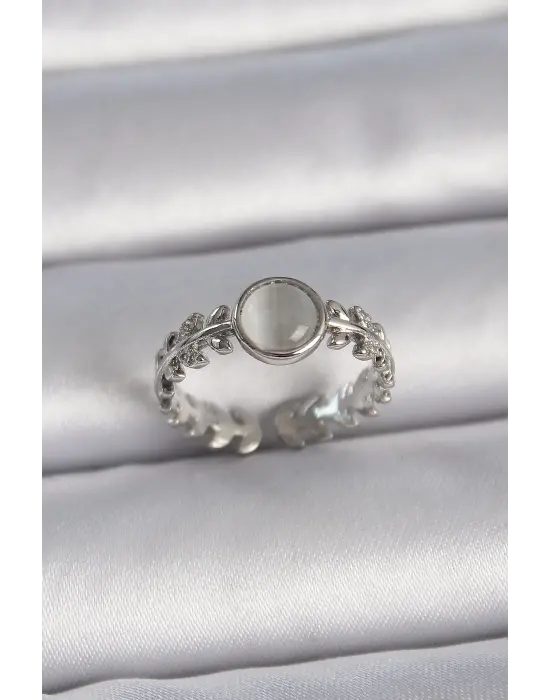  Gümüş Ayarlanabilir Beyaz Daire Mineli Yaprak Model Çelik Yüzük