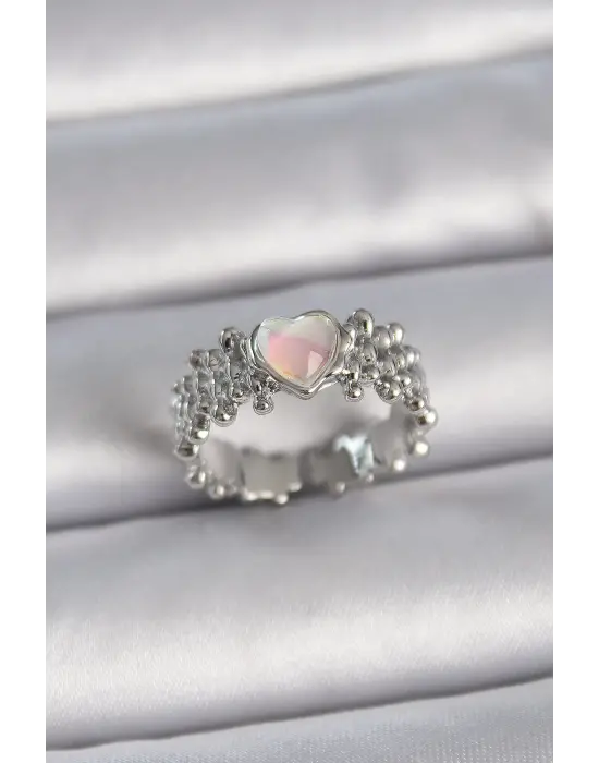  Gümüş Ayarlanabilir Beyaz Mineli Kalp Model Çelik Yüzük